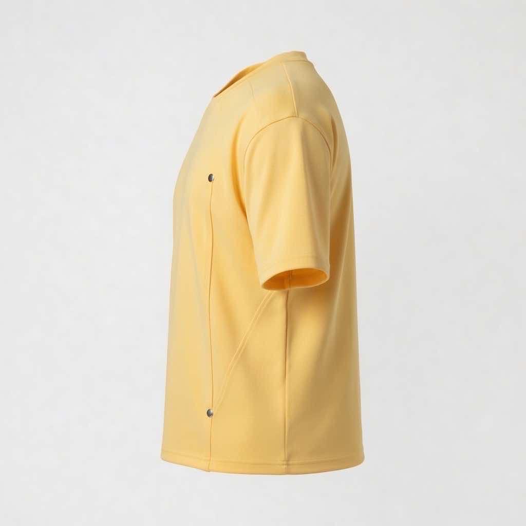 Side view of the Butter Yellow DEAFEST structured t-shirt, illustrating the engineered internal panels and snap button detailing that create the definitive boxy shape.