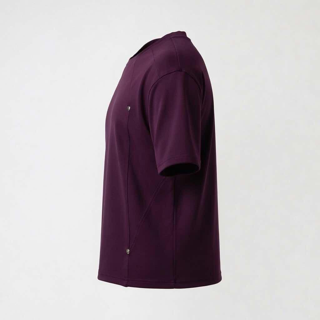 Side view of the Deep Plum DEAFEST slimming t-shirt, illustrating how the rigid side panels and metallic snap buttons create a persistent, structured shape.