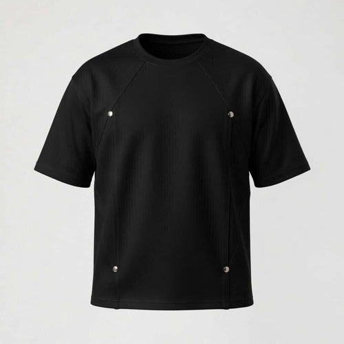Front view of the DEAFEST Body Structured Box-Fit Pro in Matte Black. A heavyweight, shape-retaining slimming t-shirt featuring internal side panels and snap buttons.