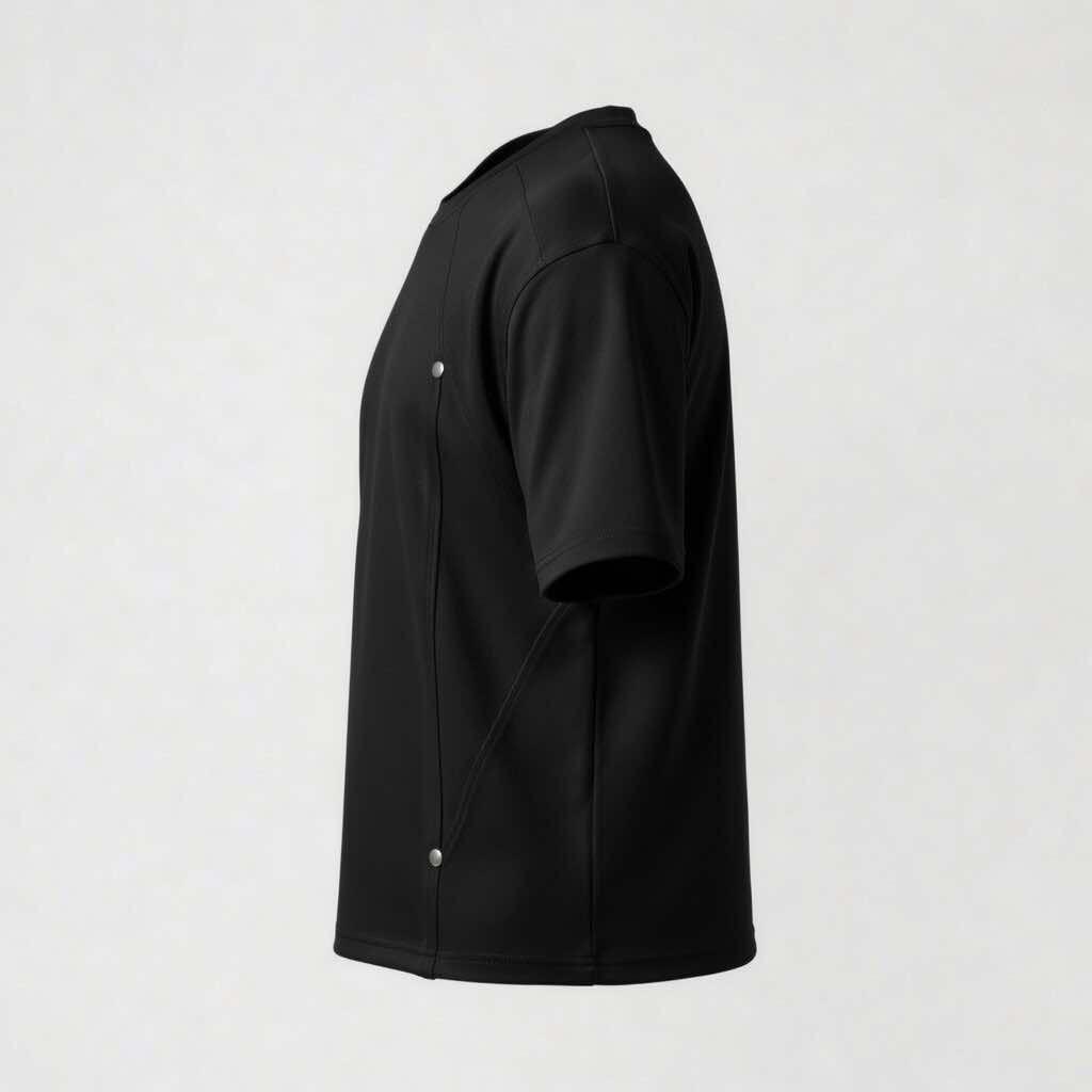 Side profile of the DEAFEST Matte Black structured t-shirt. The raglan seams and rigid internal panels create a defined silhouette similar to popular Chinese viral t-shirt aesthetics.