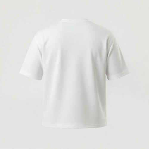 Rear view of the DEAFEST Optical White structured t-shirt, emphasizing the flawless heavyweight cotton construction and clean lines.