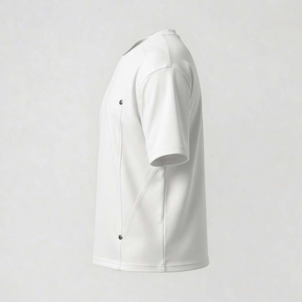 Side profile of the Optical White DEAFEST slimming t-shirt, detailing visible metallic snap buttons and the structured raglan sleeve cut.